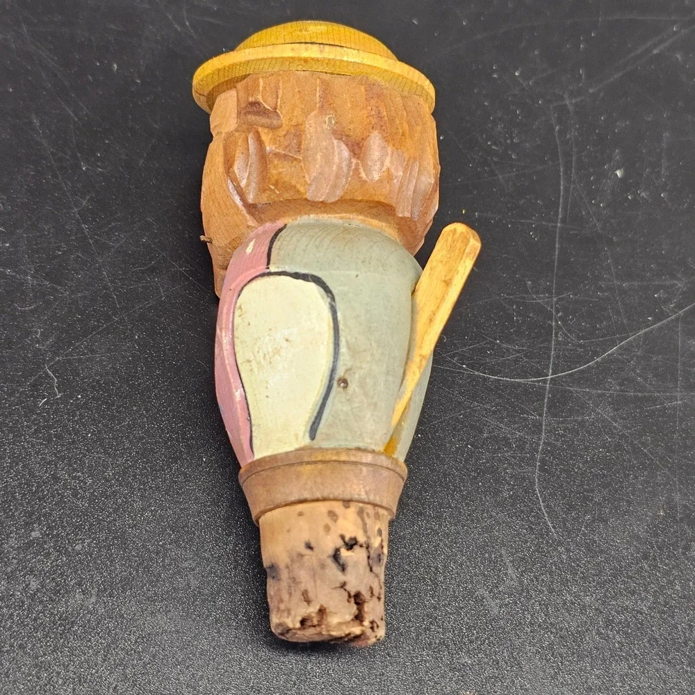 Bottle Stopper 4.25in Vintage Folk Art Carved Jolly Man Lifting Hat black forest